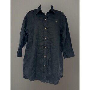 Lauren Ralph Lauren Women’s Linen Black Tunic Shirt Dress Gold Logo Collared (M)
